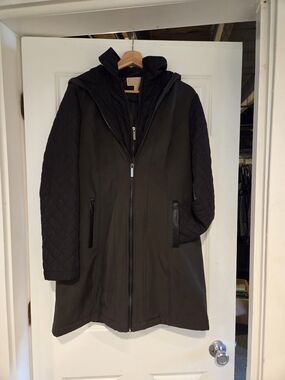 Michael Kors Black And Olive Green Hooded Quilted Coat